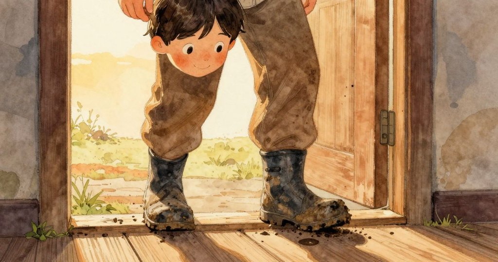 成年人在門口旁邊移動，泥濘的靴子在木階上摩擦留下腳印，陽光溫暖，情景生動