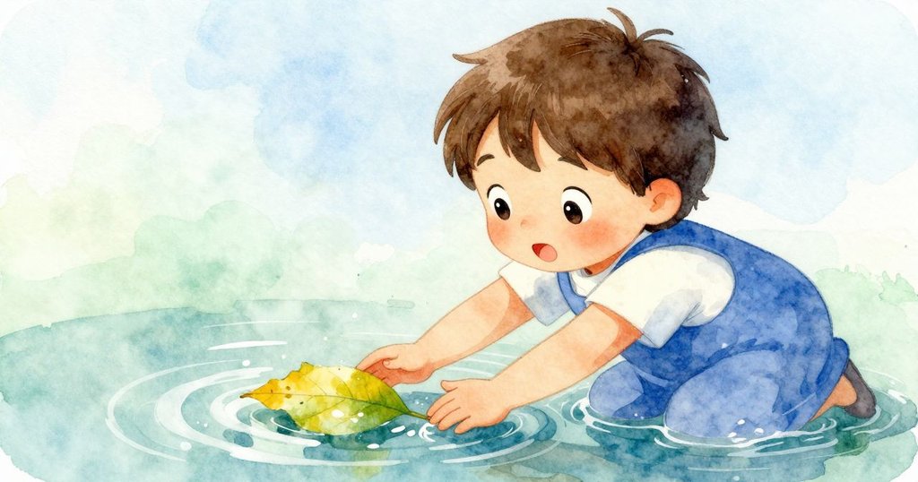 Uma輕輕觸碰著漂浮的黃葉，水面上產生層層漣漪，她滿懷驚奇與柔和的情感