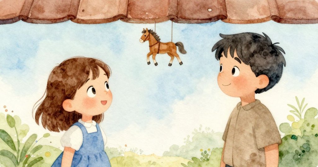 在開放門口附近，滴水聲與漂浮的小玩具馬共同出現，室內外界線模糊，呈現寧靜氛圍