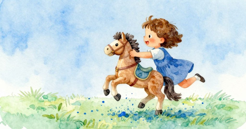 Uma興奮地舉起玩具馬，藍色顏料碎片在水面上隨即飛散，倒影閃爍出迷人變化，充滿驚喜