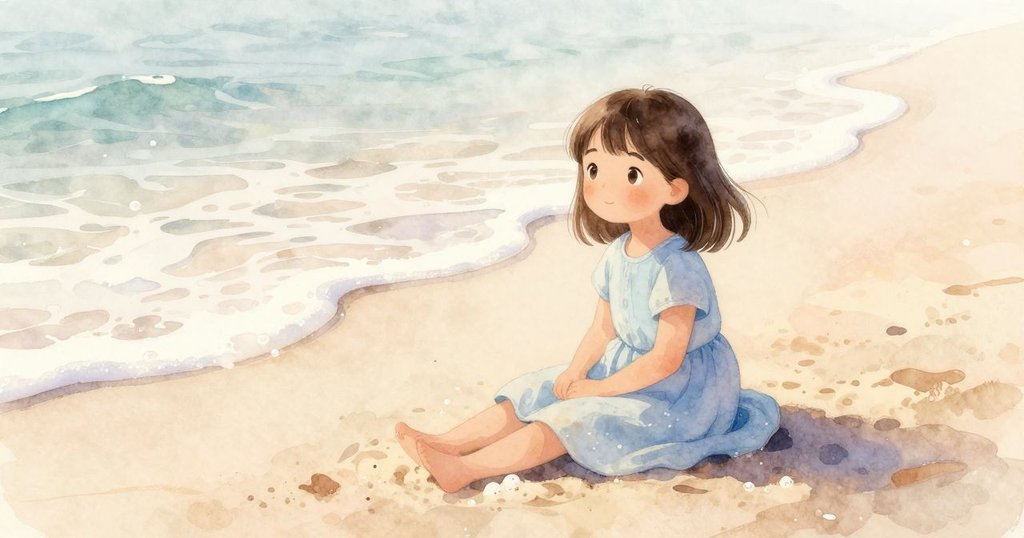 Celina 坐在黎明沙灘上，晨光柔和灑落，泡沫輕炸，展現出寧靜與驚奇的早晨景象