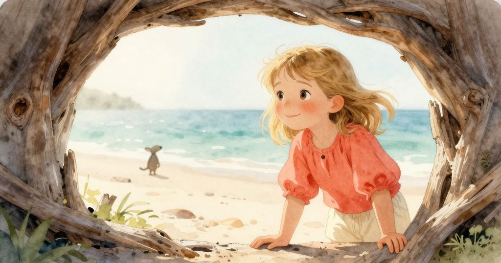 Pia 透過浮木間隙形成的窗框靜觀遠方小烏龜，眼神中流露出對大自然奧秘的好奇與欣喜