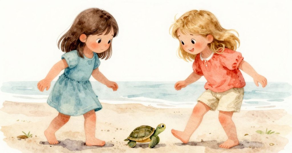 小烏龜緩緩靠近觸碰 Celina 腳踝，Pia 低語輕笑示意，呈現自然中溫柔的追逐與互動