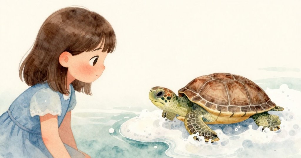 平靜結局中，海浪輕拍沙灘，小烏龜退入亮泡沫內，Celina 靜坐沉思，展現一天中細膩的安寧時刻