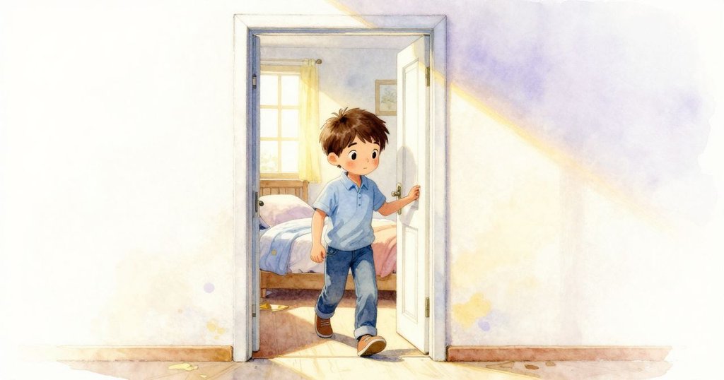 喬爾踏入光線充足的臥室，帶著好奇與決心，溫暖的光芒與柔和的陰影環繞在家中入口處