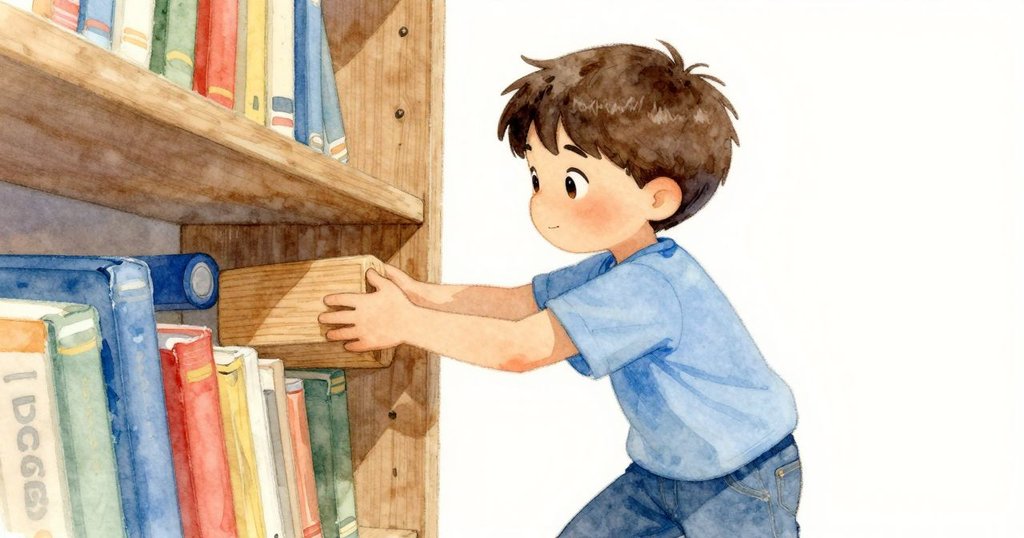 喬爾專注地將木塊放置於高處書架下，藍色書本鮮明突出，室內光線和諧溫暖