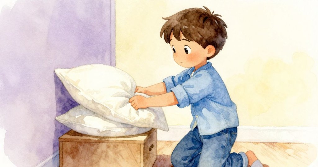 喬爾重新調整物品，將小枕頭疊於木塊之上，室內光線漸變呈現時間流逝的溫馨場景