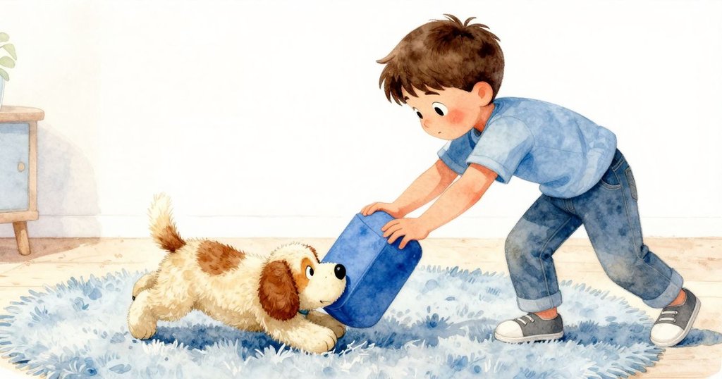 喬爾輕推書架，藍色書本傾斜隨之滑落，毛絨狗掉落地毯上，喬爾面露驚喜與喜悅