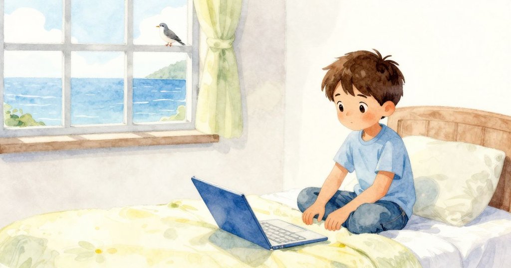 喬爾安坐於床邊翻閱藍色書本，書頁中河流生動展現，窗外小鳥輕盈降落，故事迎向溫馨結局