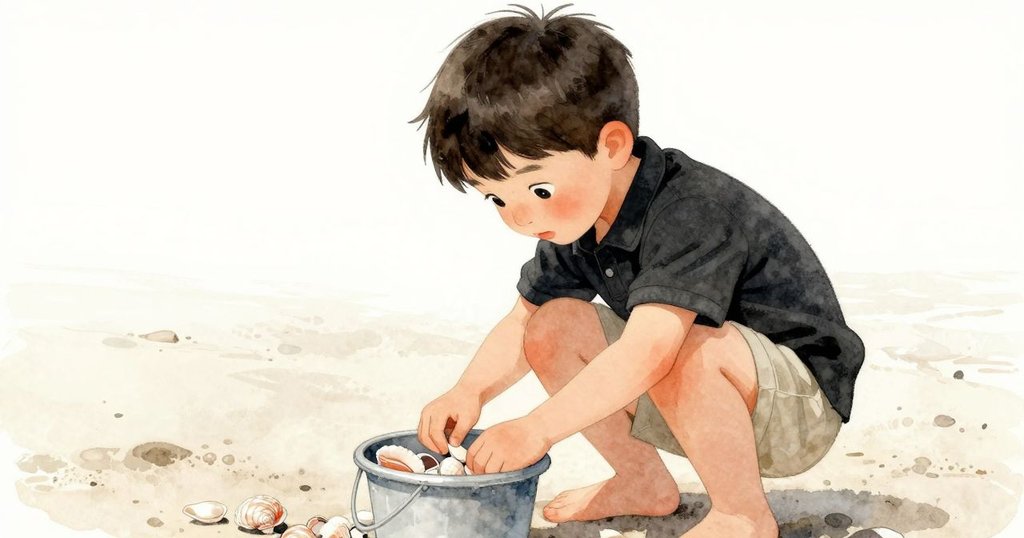 凱倫彎腰仔細檢查海邊的桶，散落的貝殼在陽光下閃耀，展現出探索細節的神情