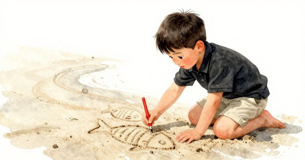 凱倫舉起木棍在乾沙上描繪魚形，濕沙邊緣逐漸模糊畫線，展示出海邊創意與自然變化