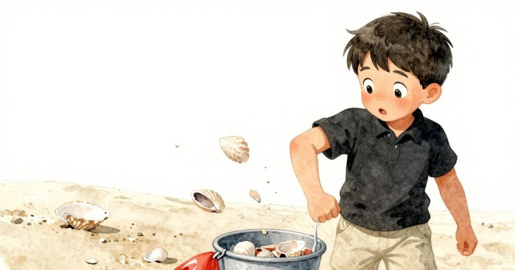 凱倫的手肘碰到桶，貝殼被震散在粗糙沙地上，他表情中流露驚訝與迅速反應，場面充滿動感