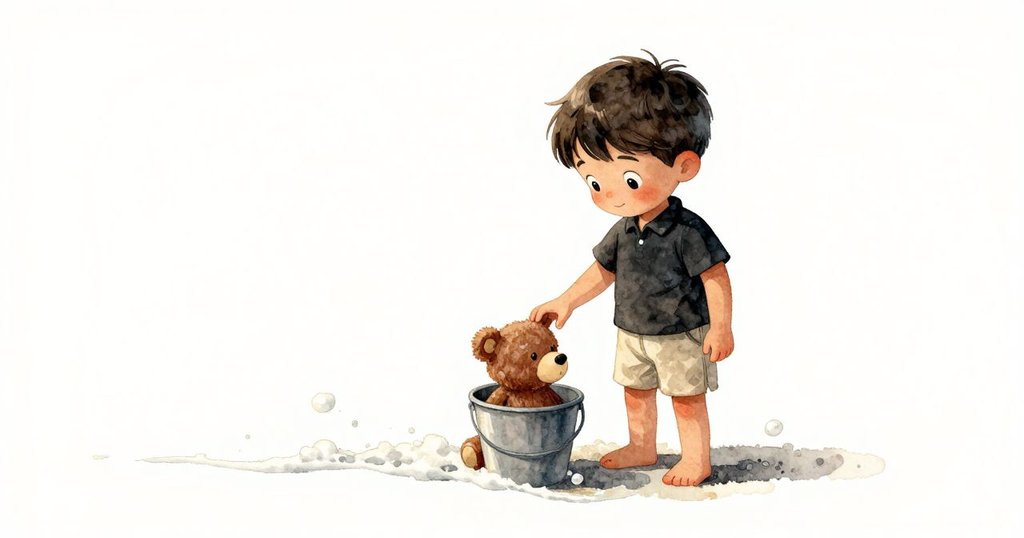 凱倫將桶豎直，小心拍著玩偶熊，注視著潮水中輕柔泡沫隨著畫線延展，充滿希望與平靜