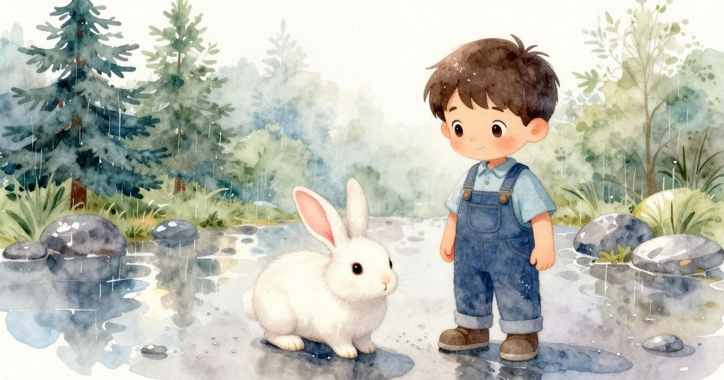 文頓走進雨後濕潤的庭院，梅活潑跳躍，陽光灑在濕潤石頭上，充滿探索與新鮮感