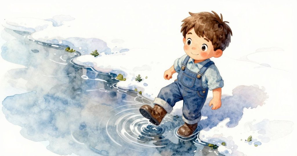 從高處俯視文頓伸腳觸及池塘邊，水波緩緩拍打靴子，表現出小心而充滿探索的神態