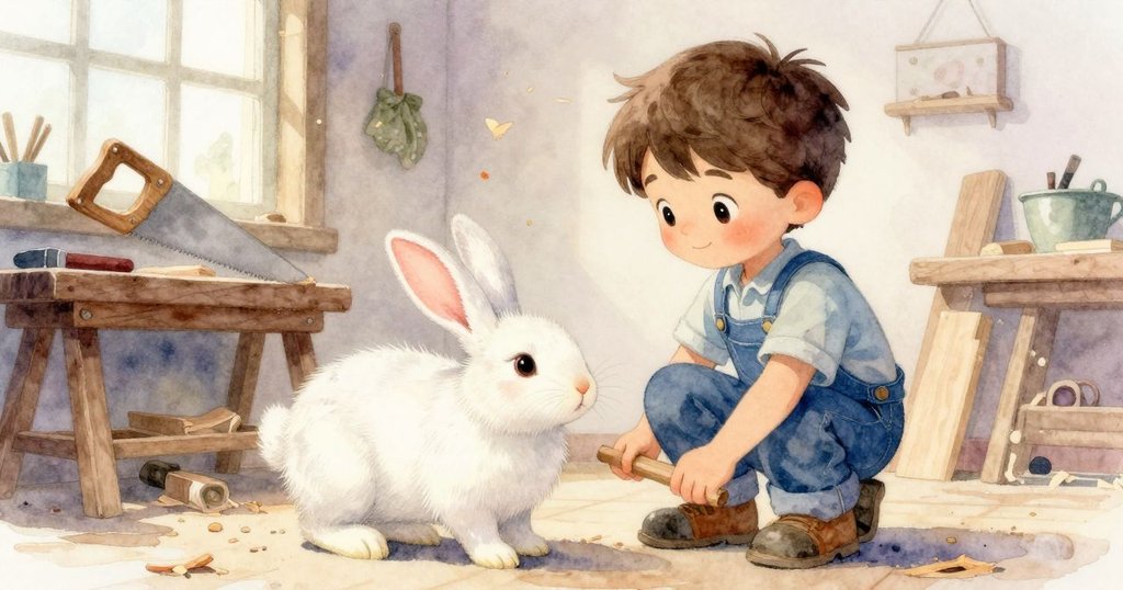 木匠透過窗戶望向外面，手中木屑滑落飛向池塘旁小島，室內與室外光線柔和交融，充滿故事氣息