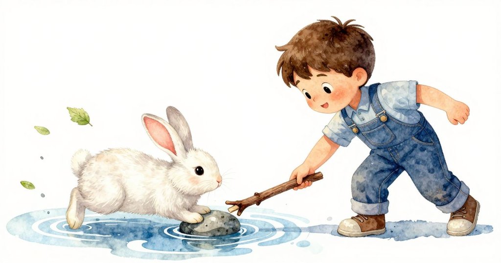 文頓輕踢樹枝於池塘上漂流回來，梅小心舉起石頭放置水面，葉子隨水波輕輕飄動，動作活潑而溫馨