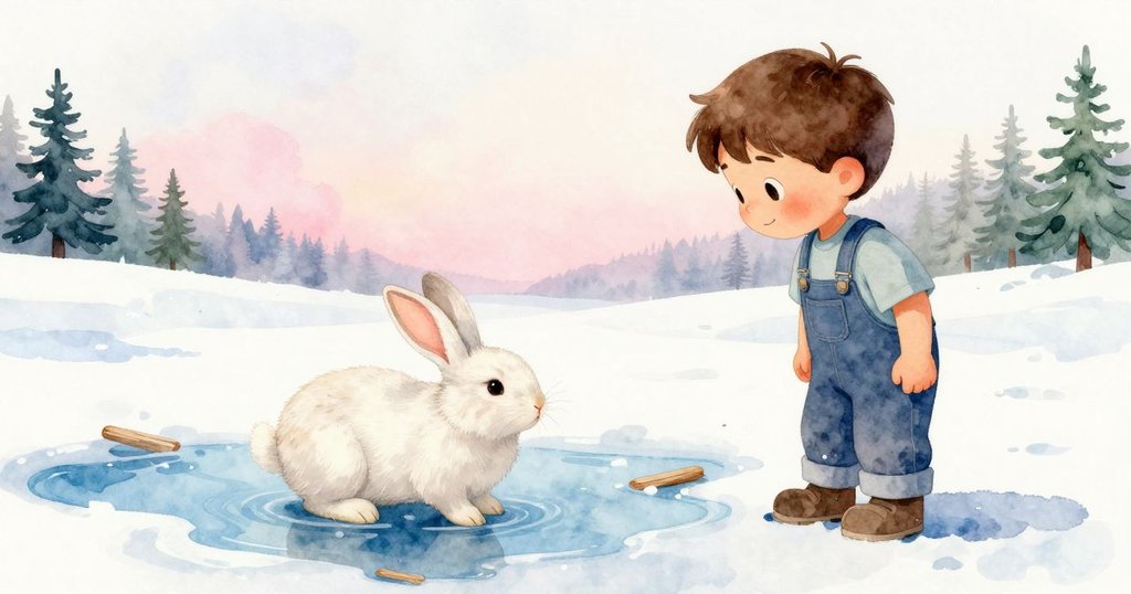 文頓與梅注視前方藍色池塘開放的徑路，木屑漂流於旁，小島靜謐展現希望與冒險的未來