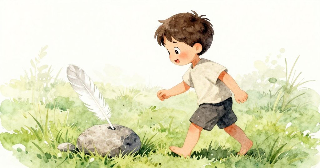 凱倫在綠茵步道上輕步前行，彎腰拾起石上長白羽毛，動作專注且充滿好奇