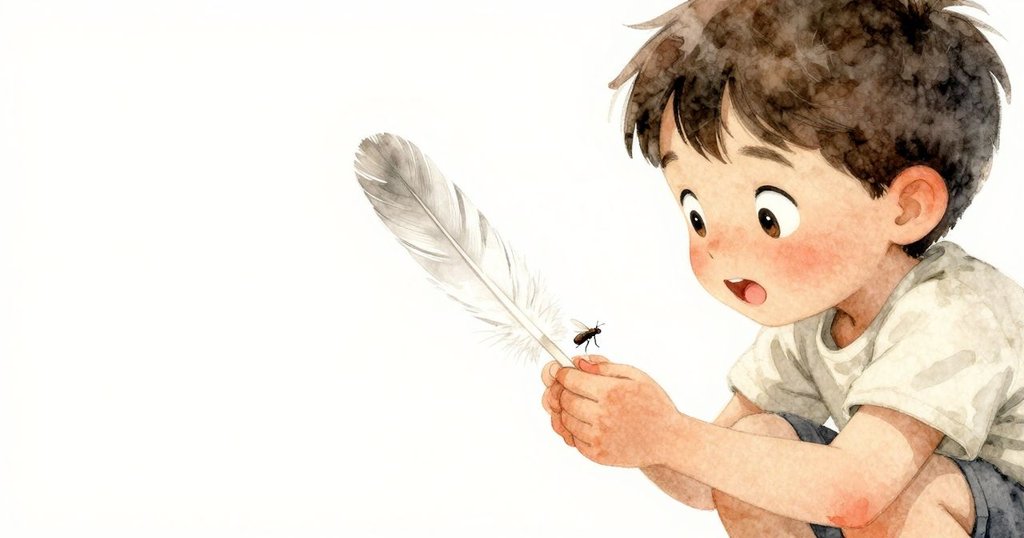 凱倫仔細觀察手中長白羽毛，微小昆蟲降臨其上輕拂塵埃，臉上流露出驚奇與專注的情感