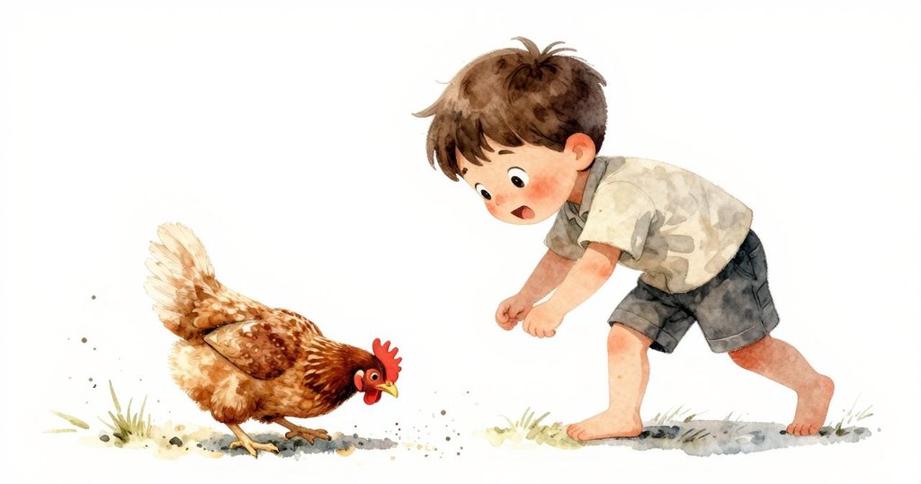 雞隻啄食斑點羽毛引起柔和塵埃，陽光普照下凱倫注視羽毛列微妙移動，場景充滿自然活力