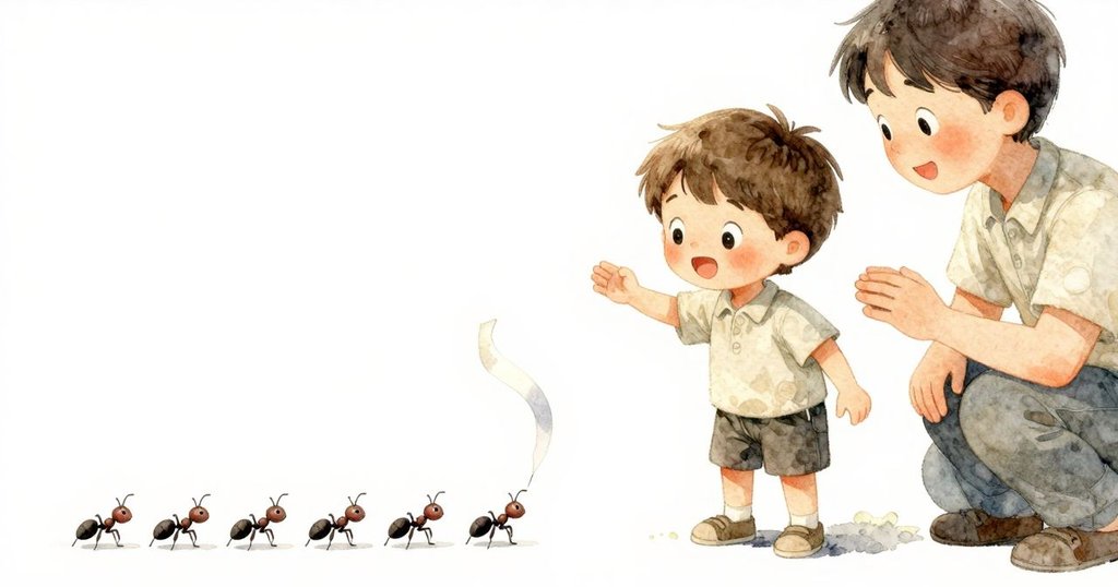 門旁彩帶隨風飄揚，螞蟻沿邊緣爬行，成長者讚揚凱倫整齊排列，凱倫滿臉自豪微笑，畫面溫馨圓滿