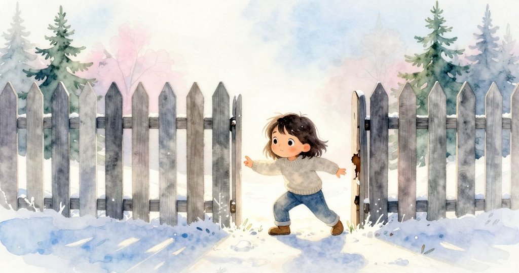 Kit蹲在木柵欄旁透過小洞觀察，身影清晰，背景明亮呈現早晨光線