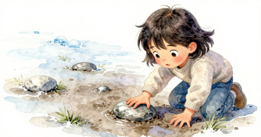 Kit的手推動石頭穿越泥印，濕潤地面反射出水面效果，細節精緻，象徵著進步