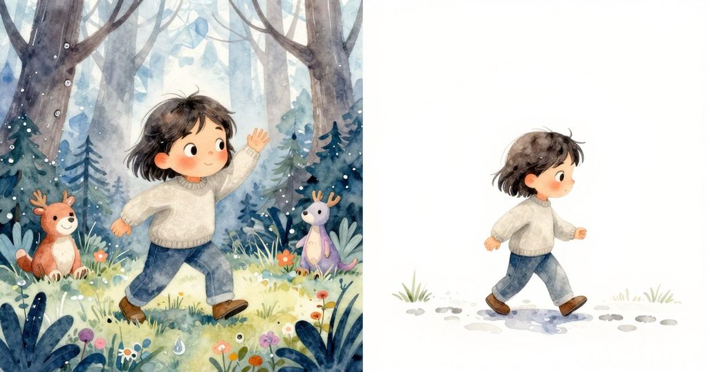 Kit在左側透過小洞凝視布滿露珠的迷你森林，右側則沿著濕路留下清晰的腳印，畫面分割敘事