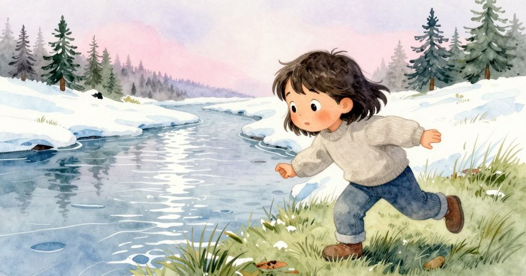 Kit轉向低矮糾結的枝條，觀察映出細河的水鏡與迅速消逝的銀痕，柔光灑落濕草，呈現時光流轉