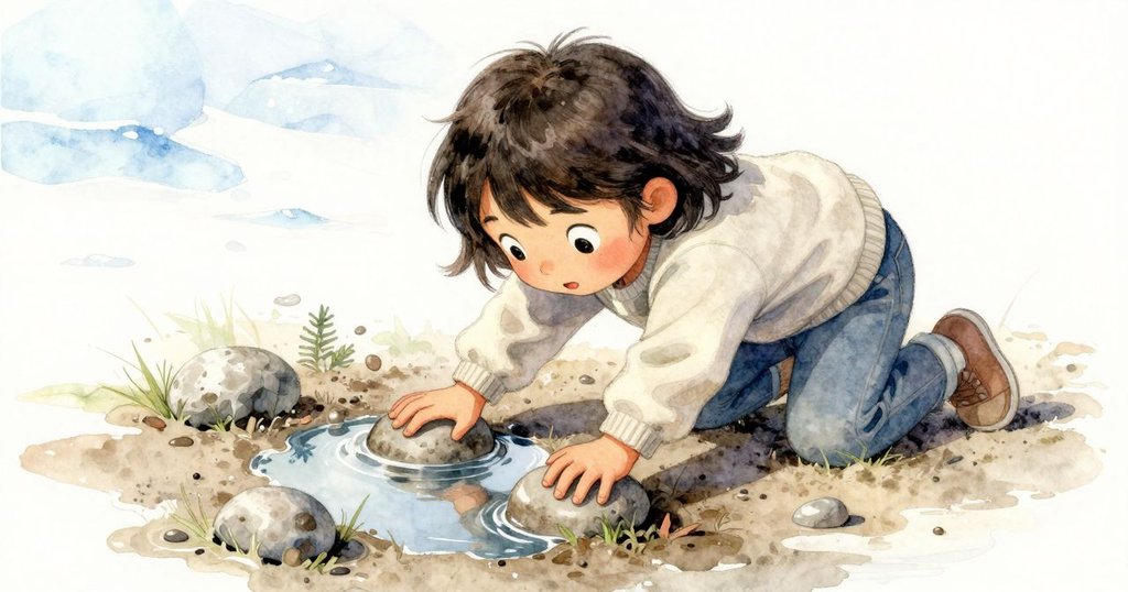 Kit面對泥印阻礙，專注移動石頭露出隱藏的水鏡，表情堅定，呈現出克服困難的努力瞬間