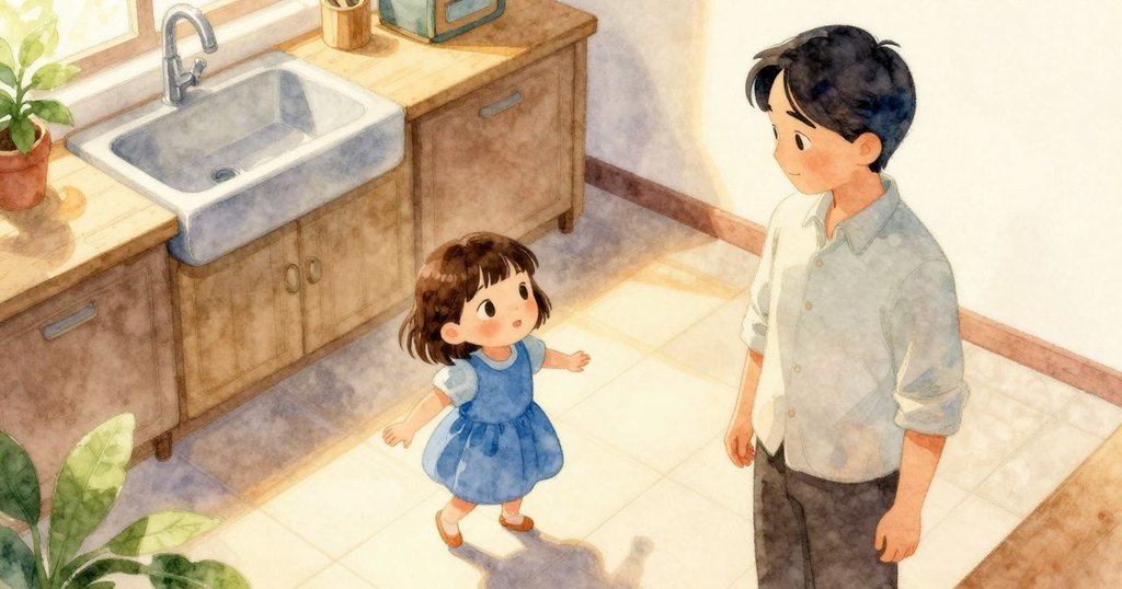 威拉在廚房中行走, 天花板角度看見泡泡和堆放物, 室內溫暖明亮, 表情期待