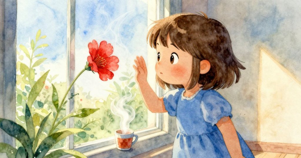 威拉透過玻璃凝視窗外, 紅花搖曳, 小杯中蒸汽升起, 充滿好奇與溫柔光線, 呈現室內外交錯情景
