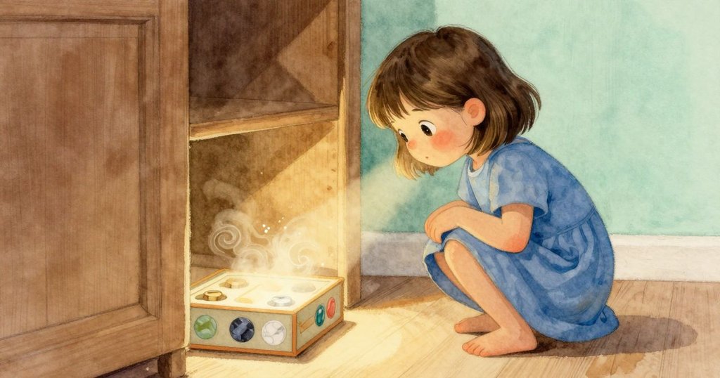 威拉蹲在櫥櫃旁, 聚焦光線照亮遊戲盒及滾動彈珠, 微塵飛舞, 面帶驚喜