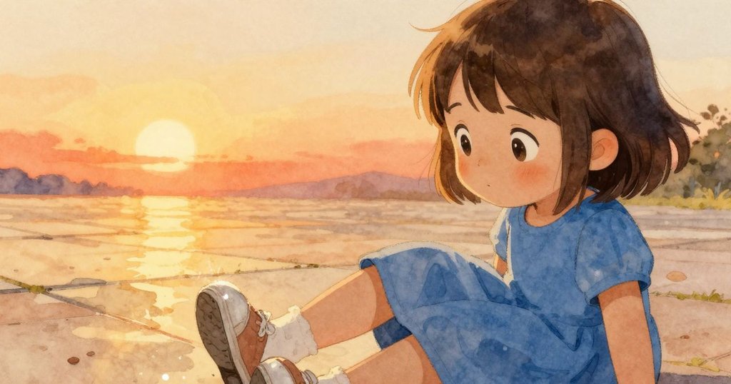 夕陽下彈珠閃爍, 威拉鞋旁廚房瓷磚反映金光, 微笑中傳達發現喜悅, 故事完滿落幕