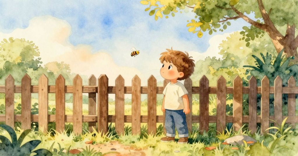 小孩Reese在花園中靜靜跟隨蜜蜂飛過圍欄，眼中充滿好奇與期待