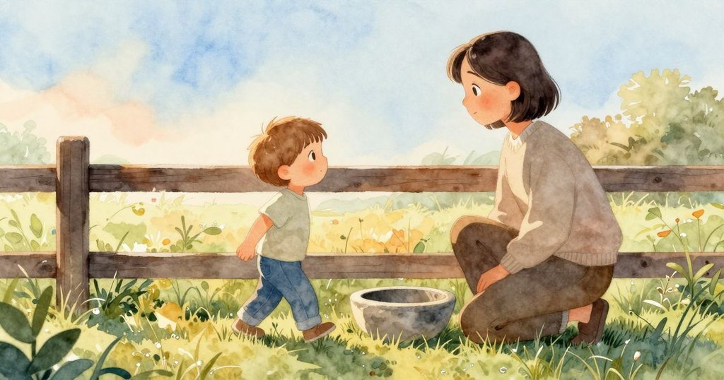 小孩Reese堅定地沿著圍欄前行，旁邊的成年人蹲下來觀察蜜蜂和閃光的石碗，場景充滿溫暖晨光