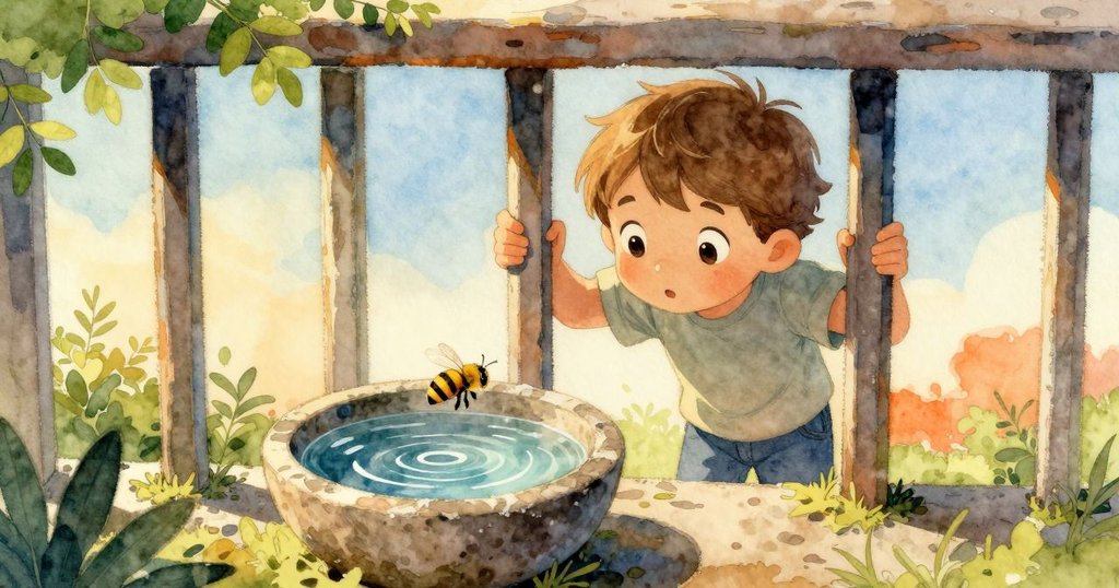 小孩Reese蹲在欄杆旁透過縫隙偷看蜜蜂，石碗中反射著柔和晨光，整個場景充滿靜謐氣氛