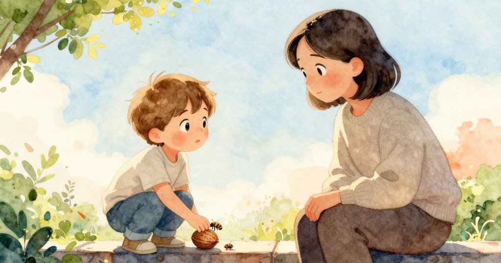 小孩Reese蹲在欄杆旁驚奇地看著蜜蜂輕觸堅果，成人在一旁流露出寧靜與喜悅，場景溫馨動人