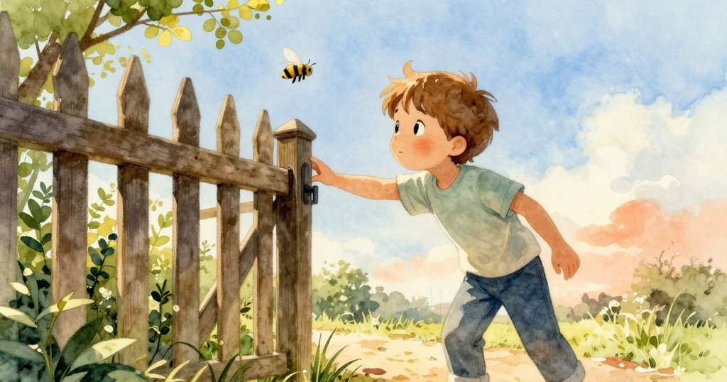 小孩Reese站在欄杆旁目送蜜蜂從大門下消失，明亮日光與短影襯托出告別的柔情場景