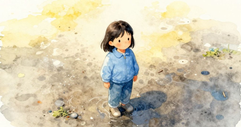 優薩站在大水坑邊,從空中俯瞰濕潤大地與閃光公路,感受晨光與輕風撫慰