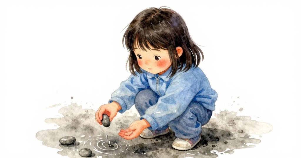 從高處俯瞰優薩操作灰石,濕潤手套與滑落石子展現細緻互動,溫柔光影映襯下動作流暢