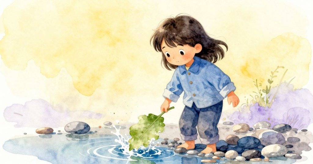 優薩於水中輕推大葉托起落石,小石整齊排列,溫暖陽光下展現自然季節柔美變化