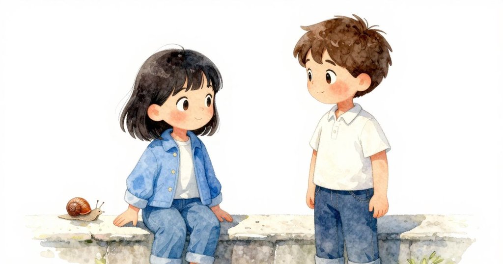 優薩與等待的人在台階上熱情問候,水面閃爍著陽光,蝸牛緩行在石間展現細膩交流