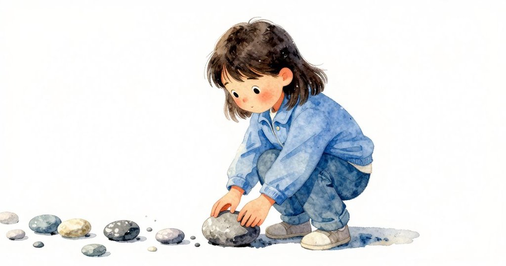 優薩溫柔擺放最後一石,四顆石子排出整齊線條並留銀色軌跡,夕陽下流露出告別情懷