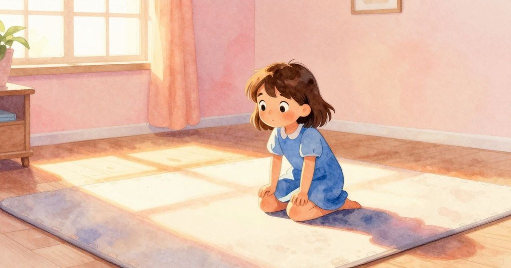 Ulla在明亮室內進入，蹲坐遊戲墊上，周圍有褪色手套與裂木，洋溢溫暖晨光氛圍