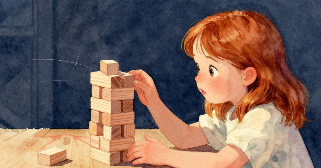 Roslyn在室內靠近積木塔，回頭探視遊戲墊上痕跡，臉上流露強烈好奇與疑問