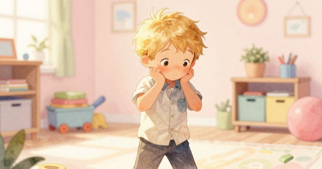 Forrest在明亮新空間中點頭，背景有活潑玩具與架子，展現自信又溫馨的互動場景