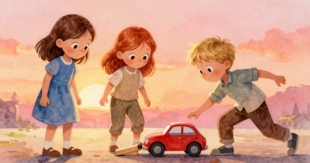 紅色玩具車輕觸舊木塊使其微傾，動態場面中展現室內活力與期待種子萌動