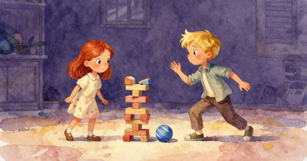 Roslyn與Forrest在積木塔旁團聚，藍球旋轉營造遊戲氣氛，室內充滿和煦光線與希望解決難題情緒